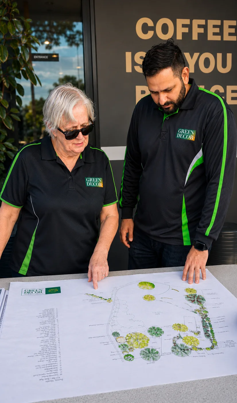 The Green Decor team going through a garden plan on site